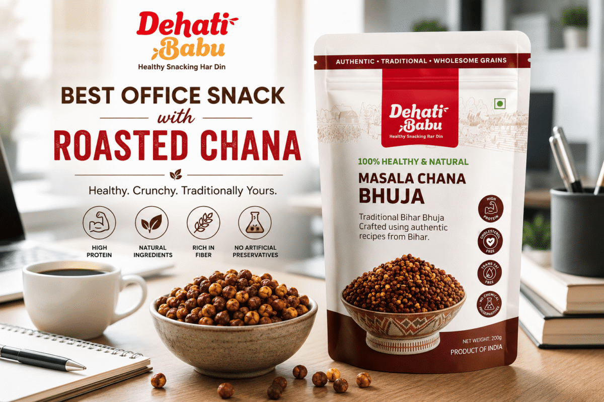Best Office Snack with Roasted Chana by Dehati Babu in a modern office workspace