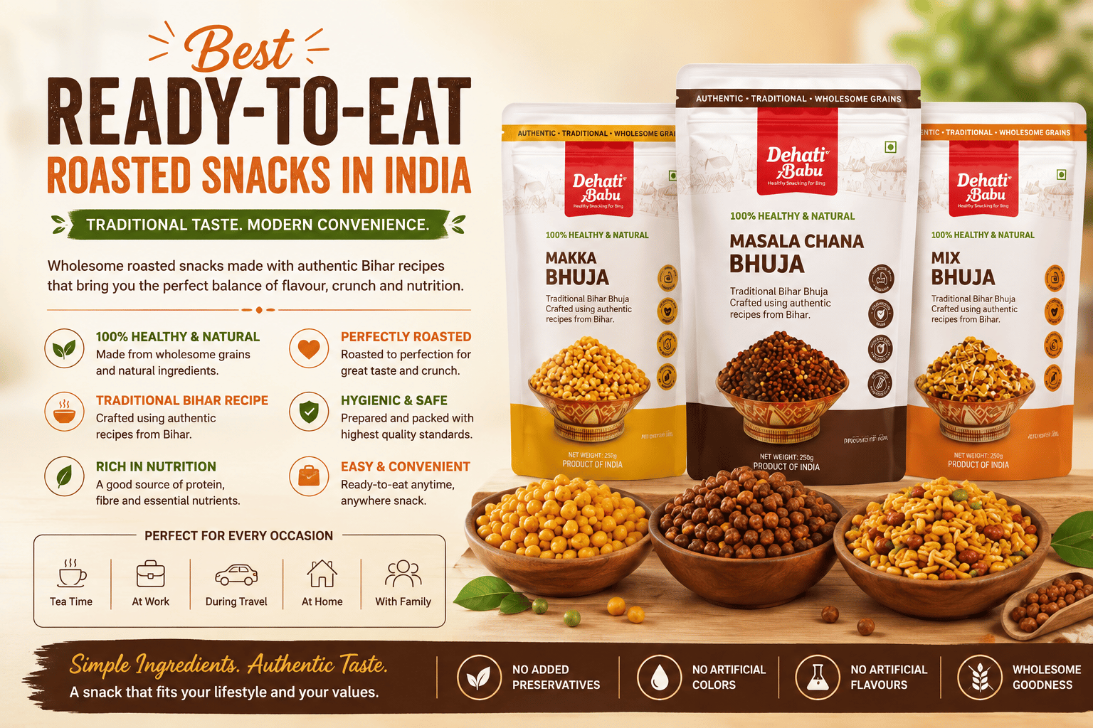 Dehati Babu ready-to-eat roasted snacks including Masala Chana Bhuja, Makka Bhuja and Mix Bhuja