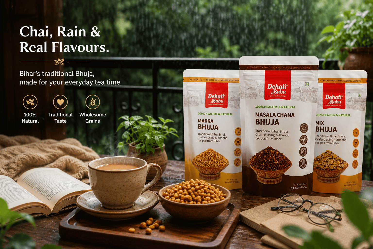Healthy snacks for tea time in India with Dehati Babu Bihar Bhuja and chai
