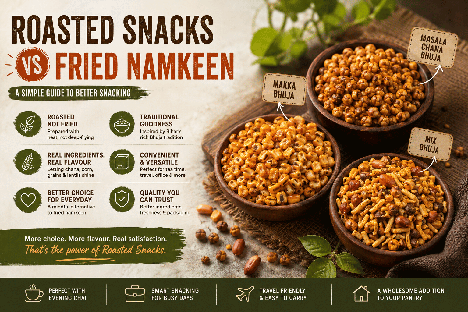 Roasted snacks and Bihar Bhuja compared with fried namkeen