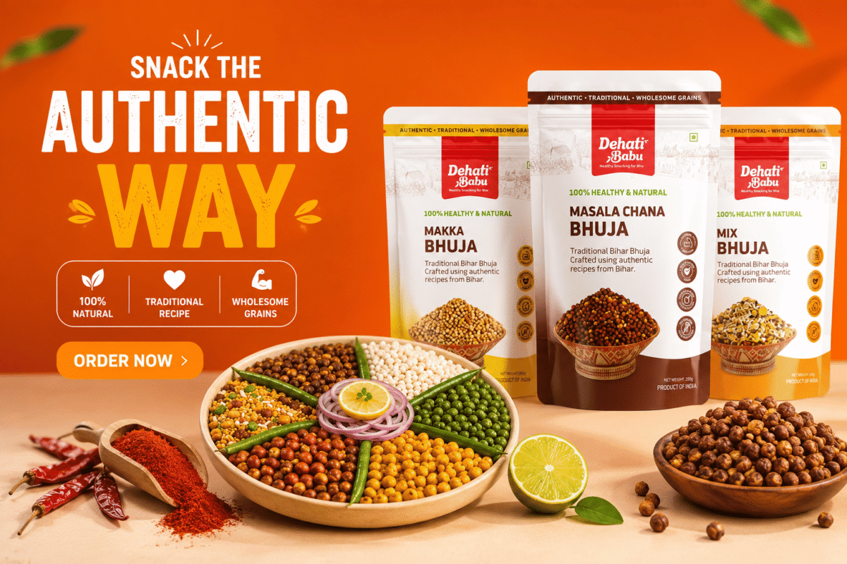 Dehati Babu traditional Bihar Bhuja snacks featuring Masala Chana Bhuja, Makka Bhuja, and Mix Bhuja